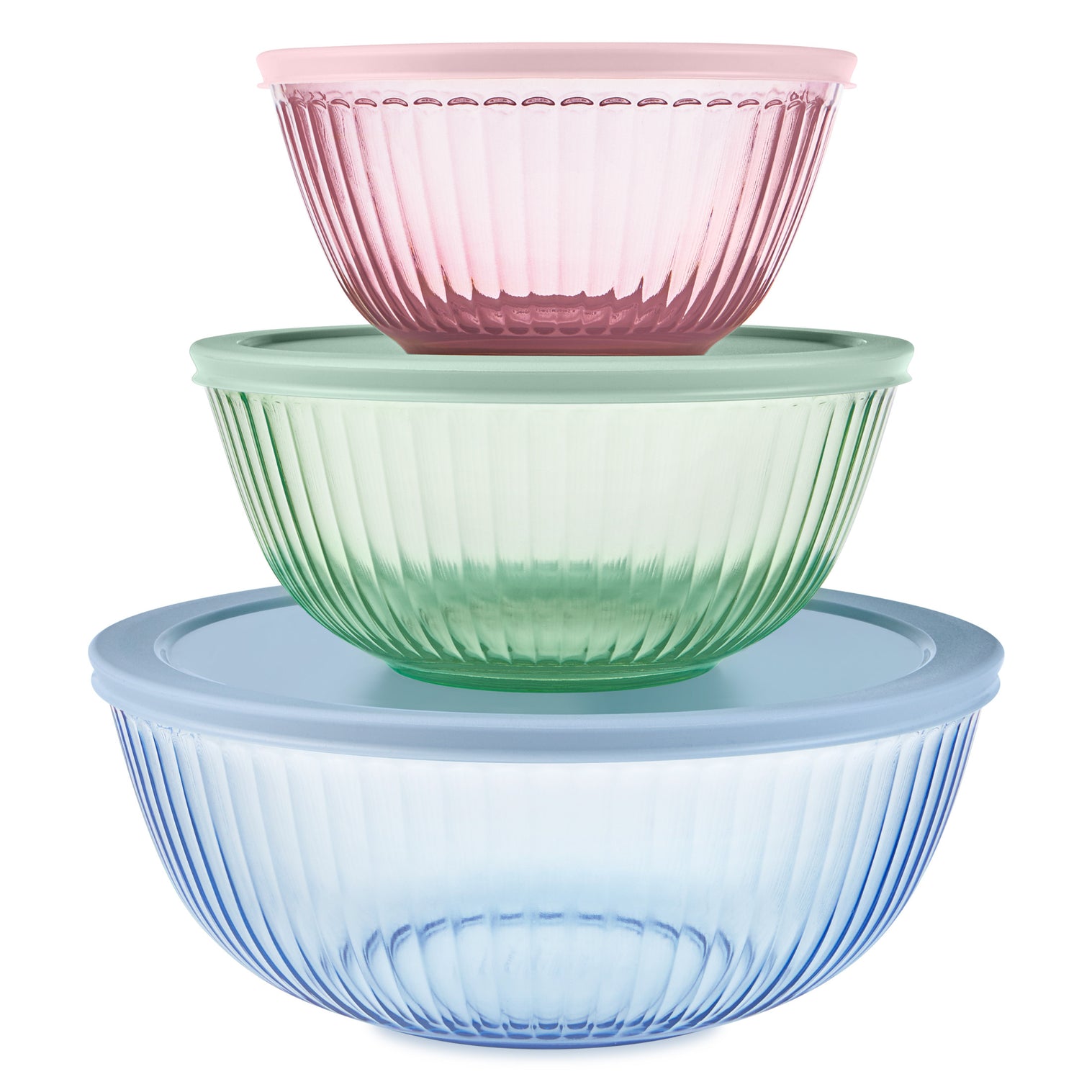 Set of three colorful glass bowls stacked on a white background