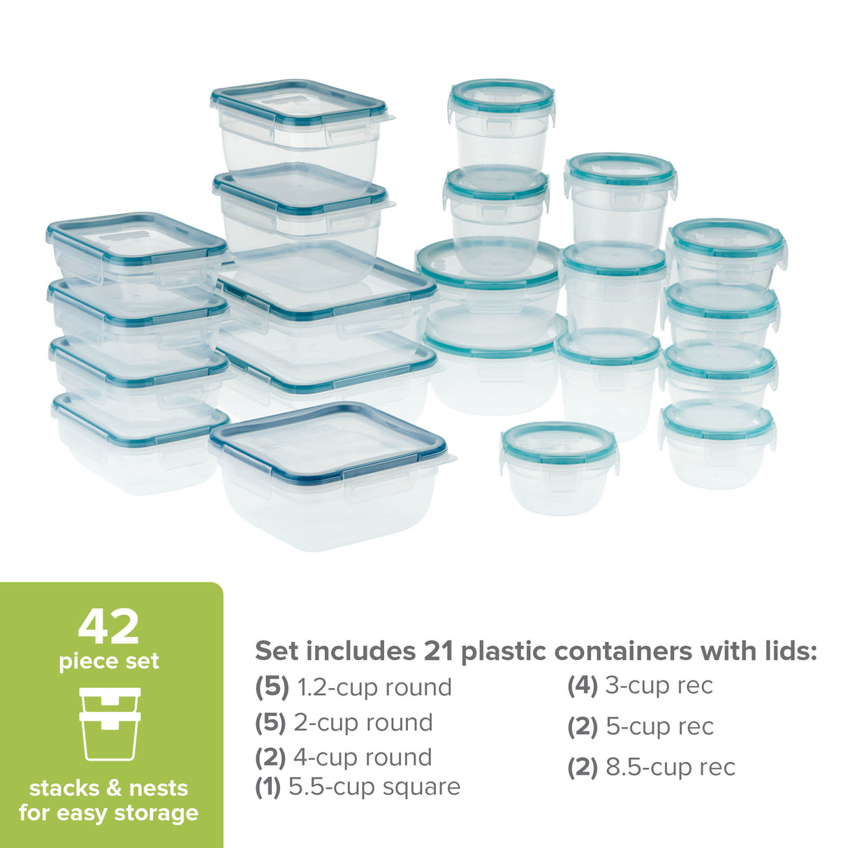Set of 42-piece plastic food storage containers with lids on a white background