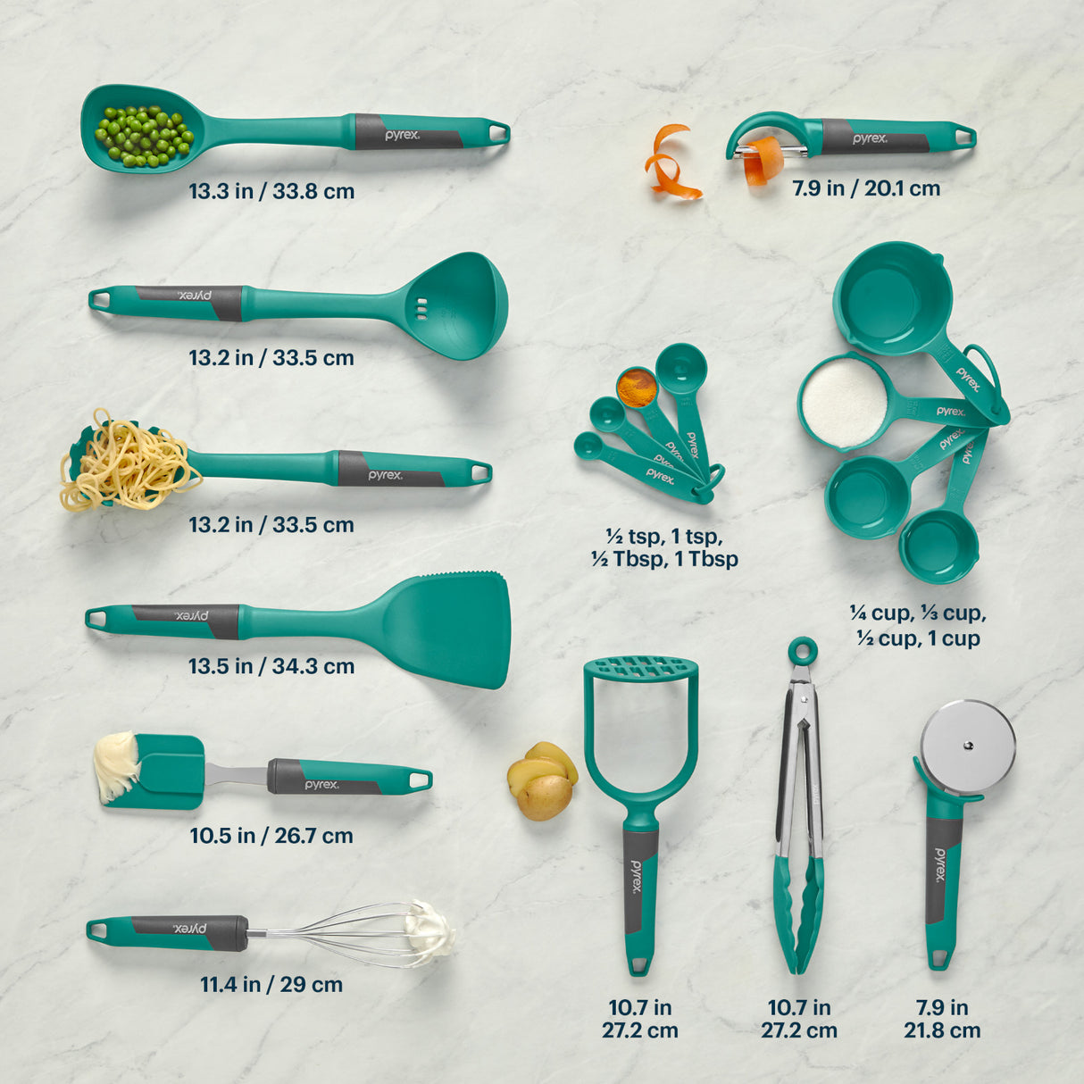 Set of green kitchen utensils with measurements on a light gray background