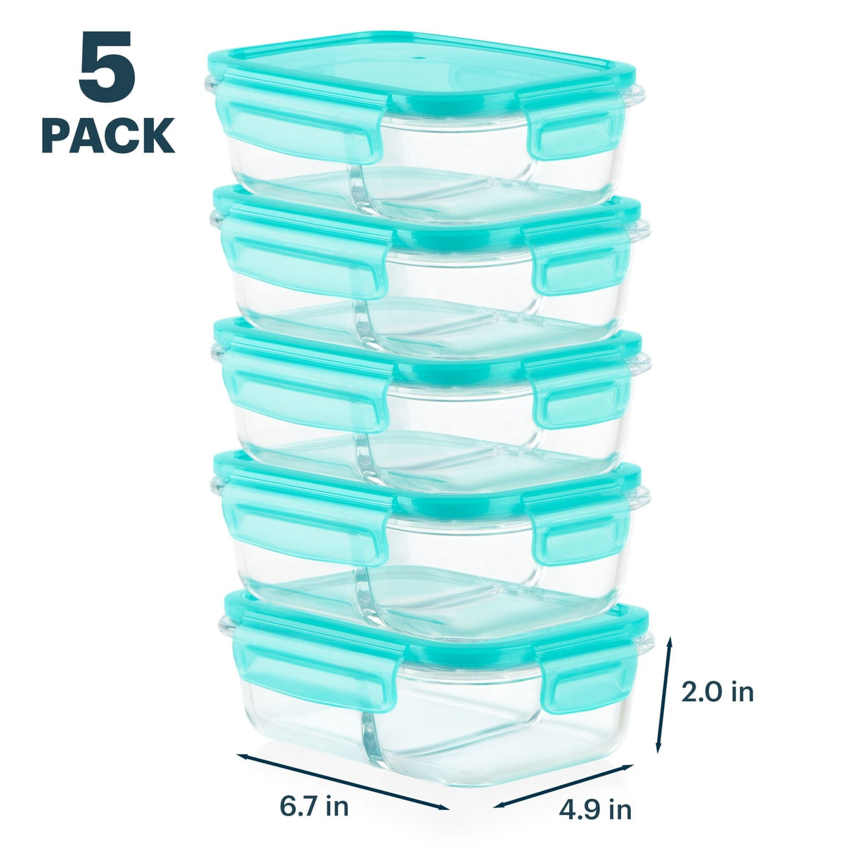 Stack of glass food containers with teal lids, labeled as a 5-pack on a white background.