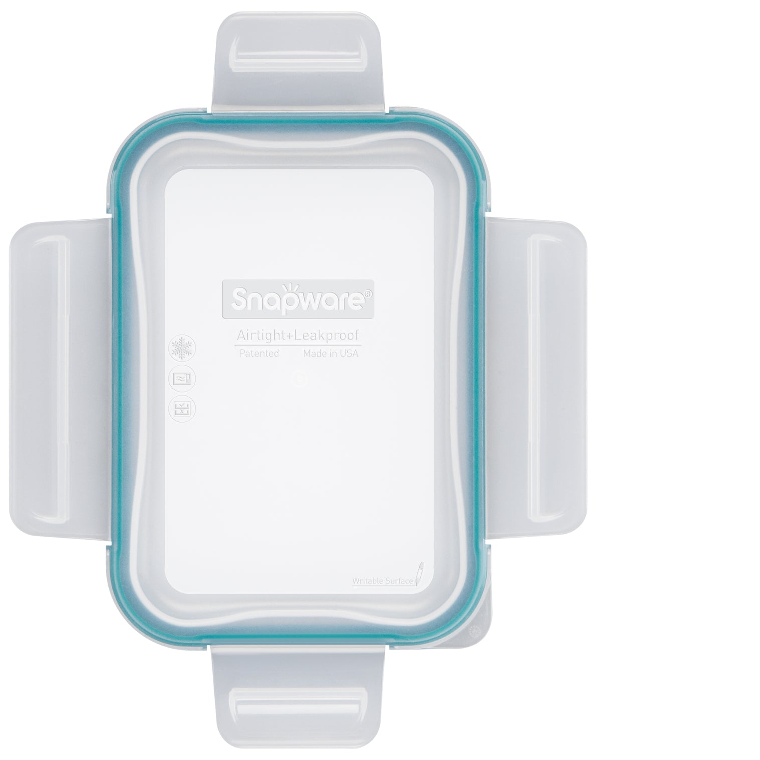 Snapware food storage container with blue lid on a white background