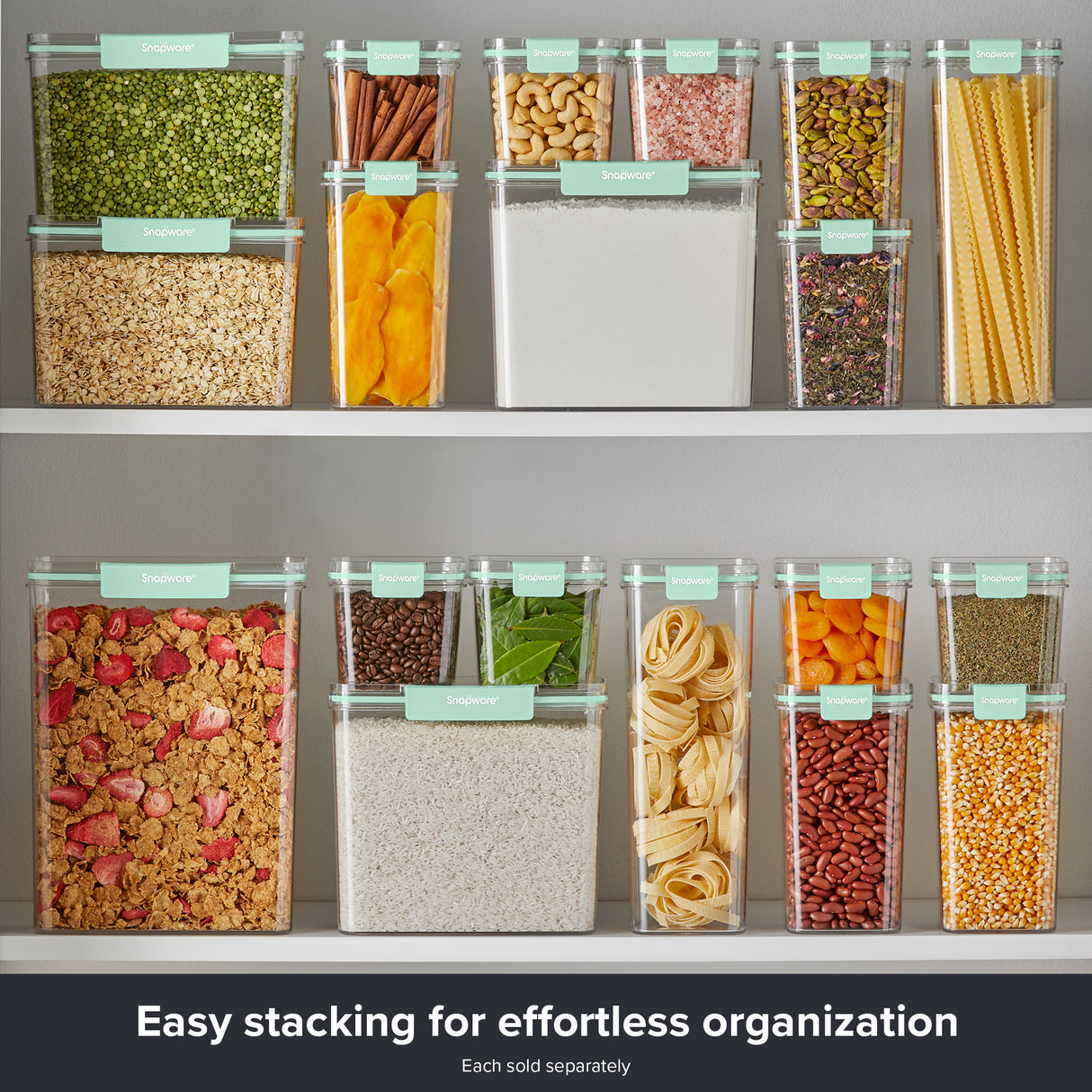 Snapware® clear plastic storage containers with mint green lids stacked on pantry shelves, organizing dry foods including peas, oats, rice, cereal, pasta, nuts, beans, herbs, and spices.