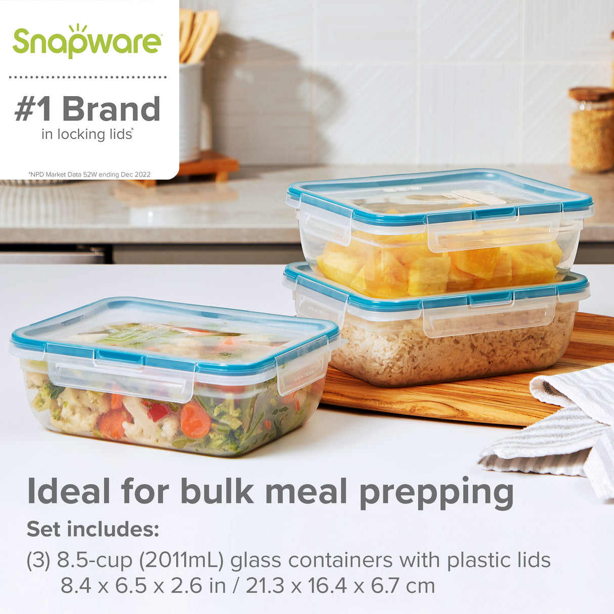 Snapware food storage containers with lids on a kitchen counter