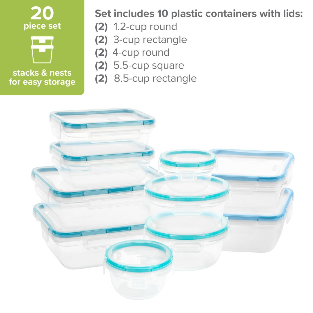 Set of 10 plastic containers with lids on a white background
